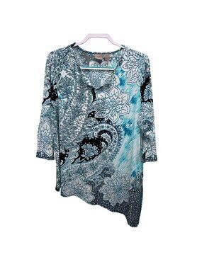 Chico's XL Asymmetric Hem Tunic Top Paisley Floral Print Pullover 4263